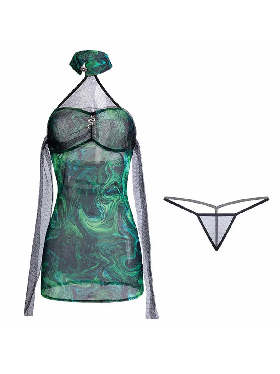 Green Mesh Marble Cheongsam Dress