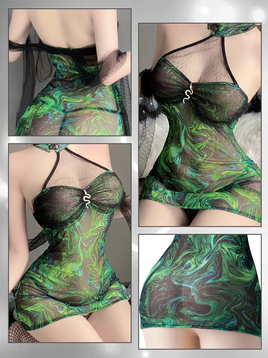 Green Mesh Marble Cheongsam Dress