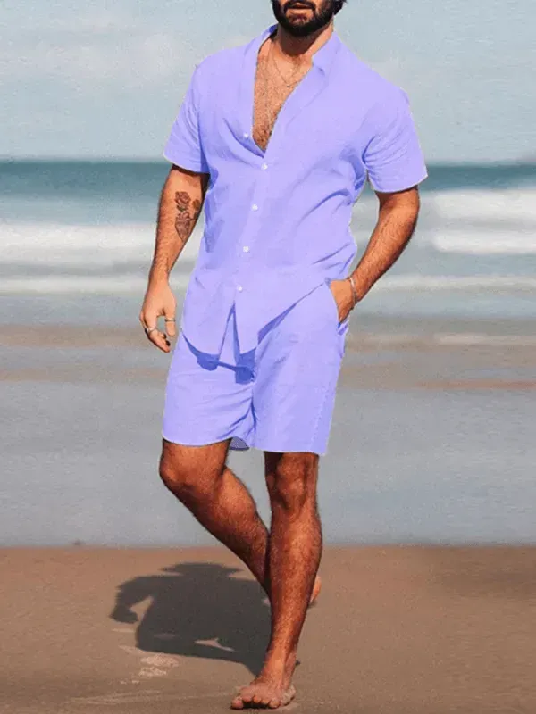 Men Casual Button-Down Summer Shorts Set
