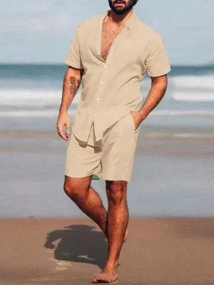 Men Casual Button-Down Summer Shorts Set