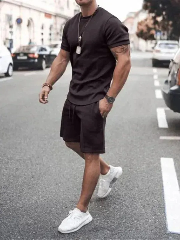 Men Casual Olive Crewneck Cotton Shorts Set
