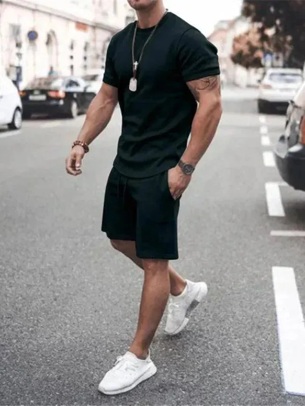 Men Casual Olive Crewneck Cotton Shorts Set