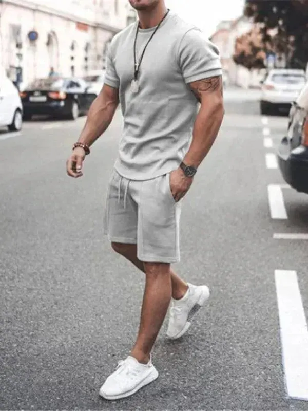 Men Casual Olive Crewneck Cotton Shorts Set