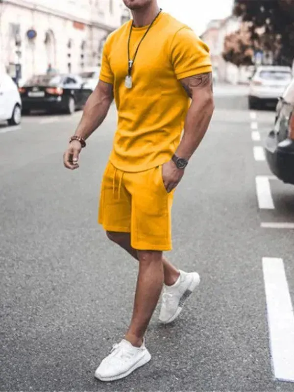 Men Casual Olive Crewneck Cotton Shorts Set