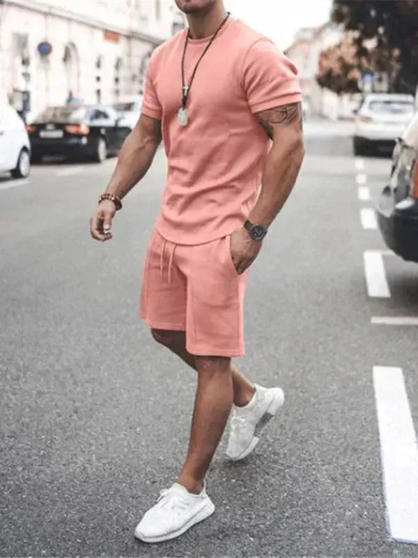 Men Casual Olive Crewneck Cotton Shorts Set