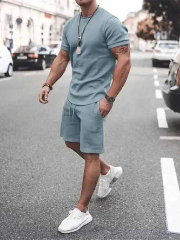 Men Casual Olive Crewneck Cotton Shorts Set
