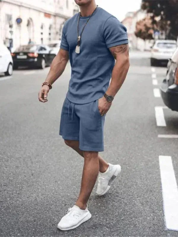 Men Casual Olive Crewneck Cotton Shorts Set