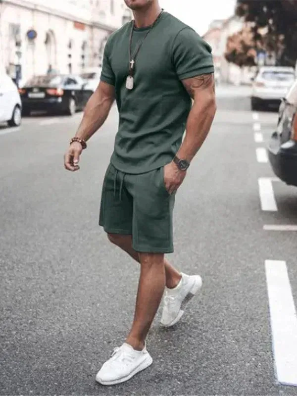 Men Casual Olive Crewneck Cotton Shorts Set