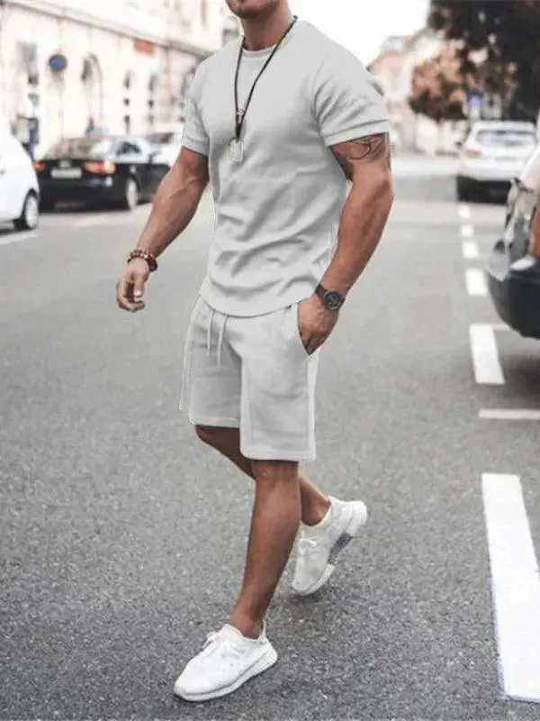 Men Casual Olive Crewneck Cotton Shorts Set