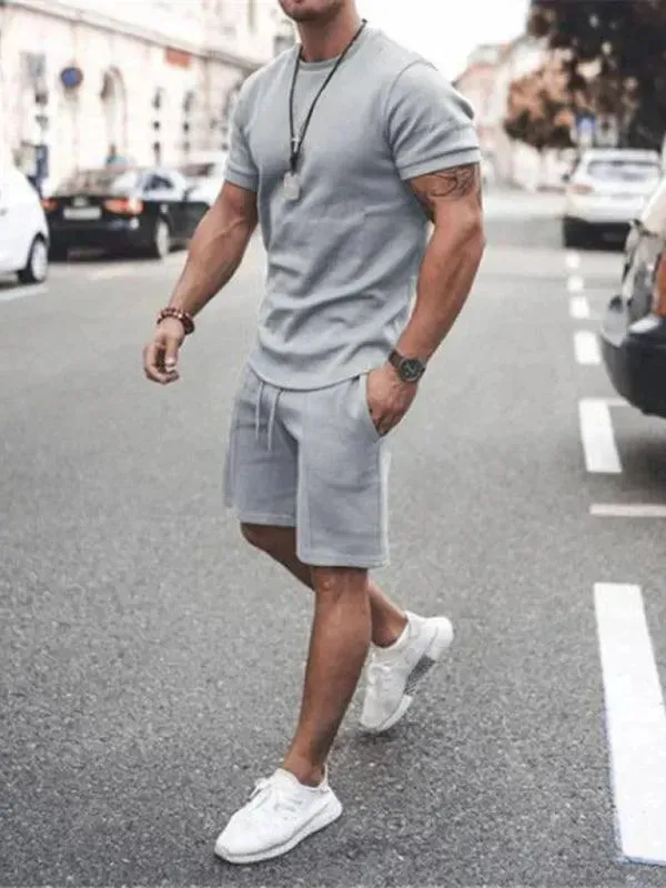 Men Casual Olive Crewneck Cotton Shorts Set