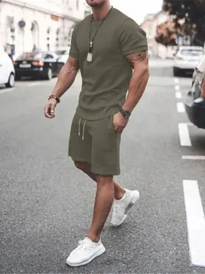 Men Casual Olive Crewneck Cotton Shorts Set