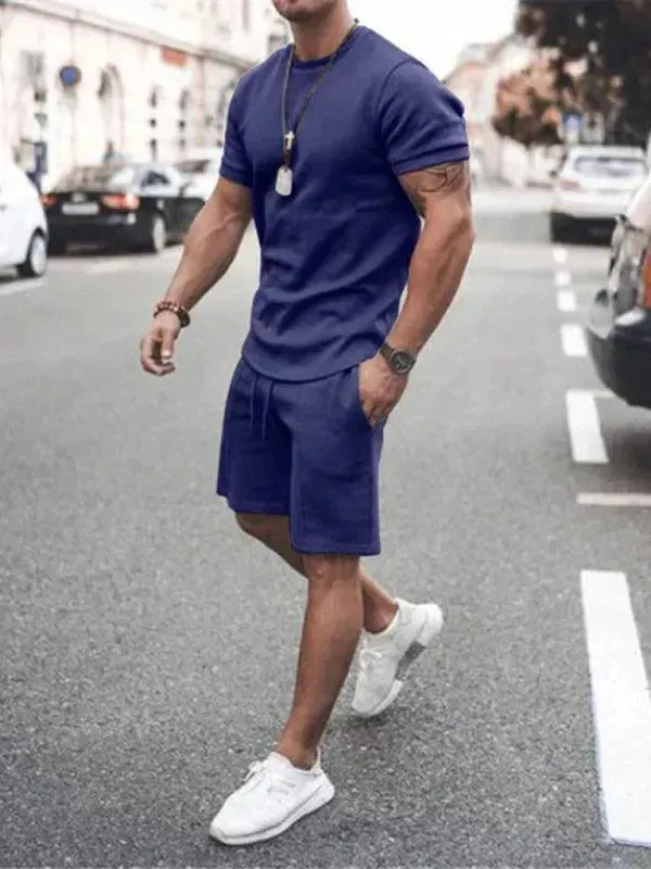Men Casual Olive Crewneck Cotton Shorts Set