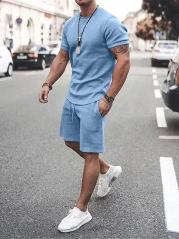 Men Casual Olive Crewneck Cotton Shorts Set
