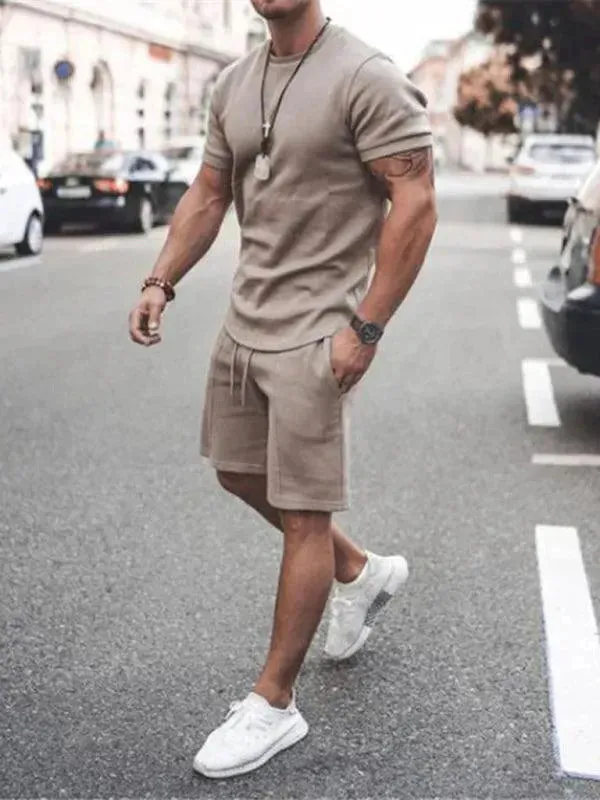 Men Casual Olive Crewneck Cotton Shorts Set