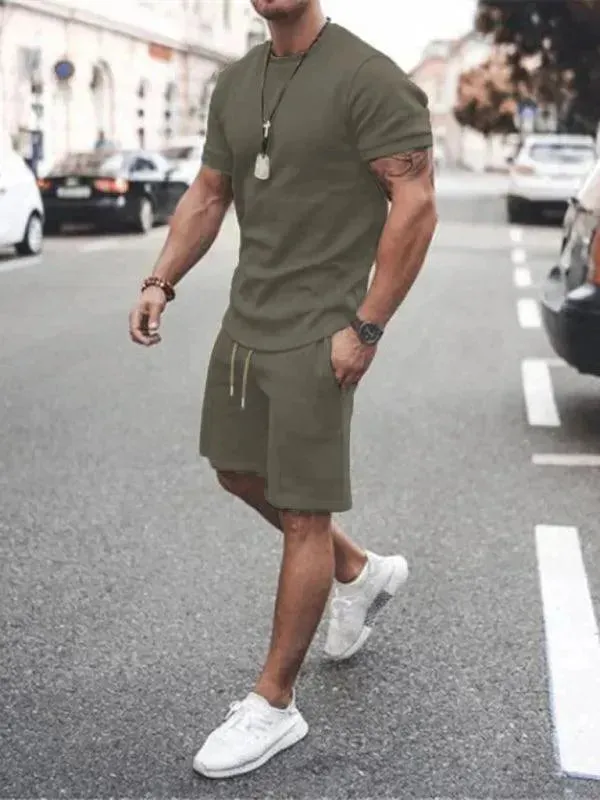 Men Casual Olive Crewneck Cotton Shorts Set