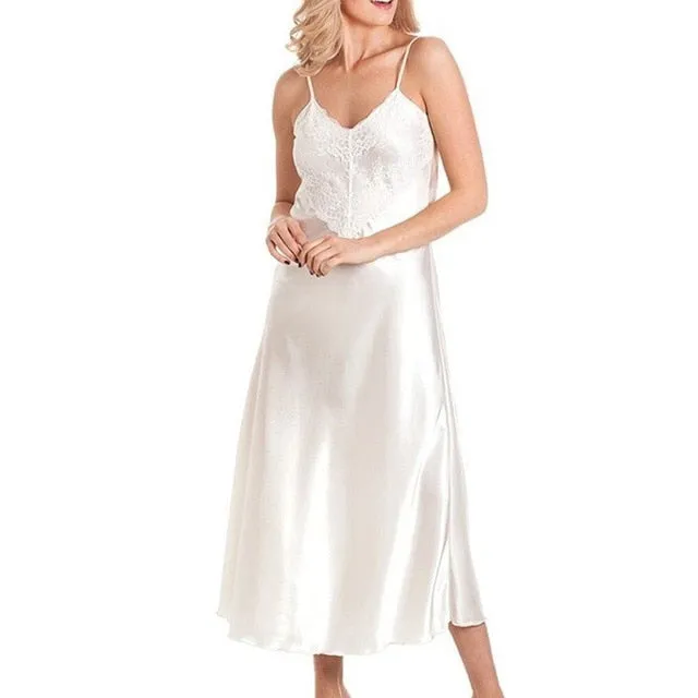 MISSOMO women nightgown Ladies Satin Lace Long Nightdress Nightie Deep Lace Front Lace Detail Lingerie night dress plus size