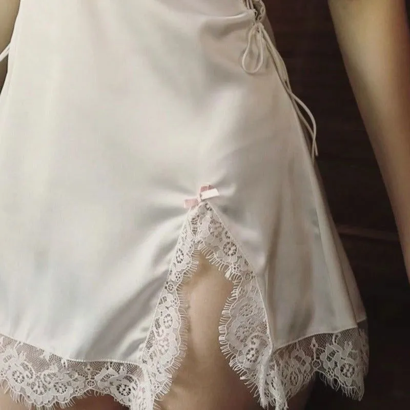Pink Deep V Sexy Lace Satin Nightdress