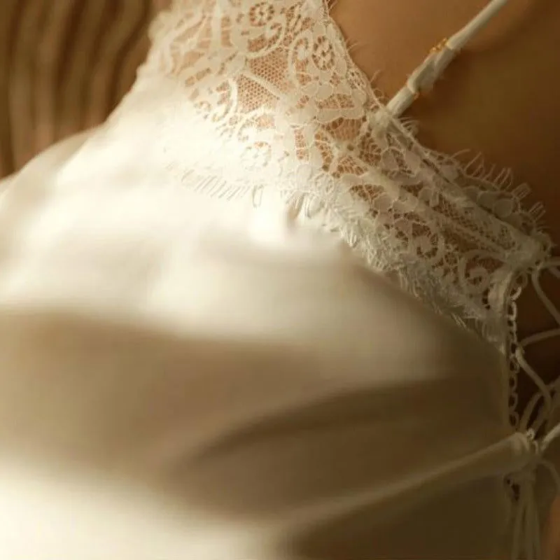 Pink Deep V Sexy Lace Satin Nightdress