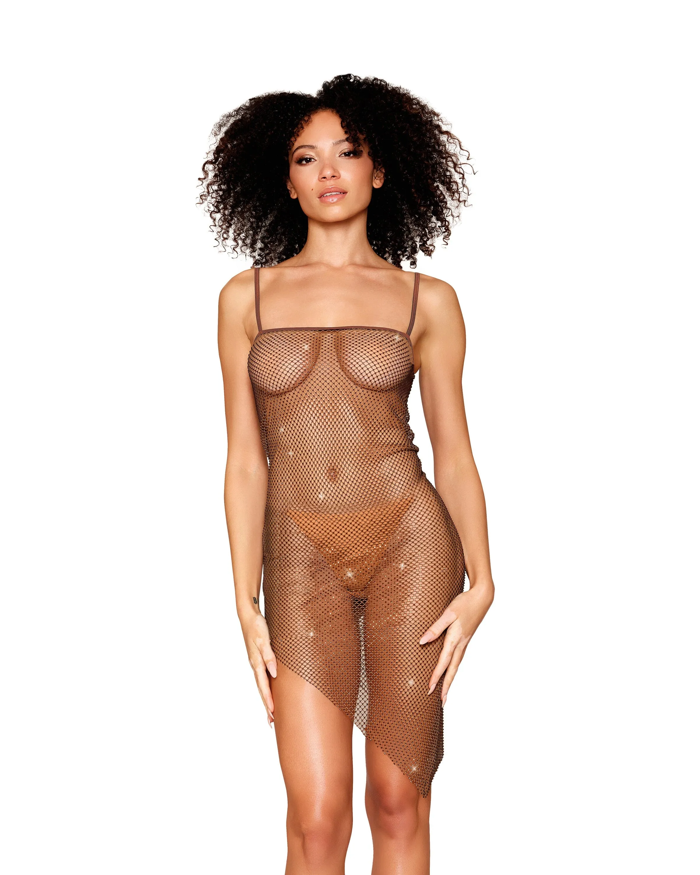 Rhinestone Embellished Fishnet Chemise with an Asymmetrical Hemline