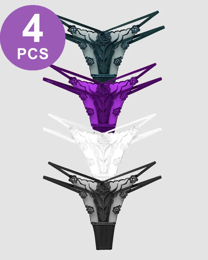 Rose Embroidery Thong Mesh Panties