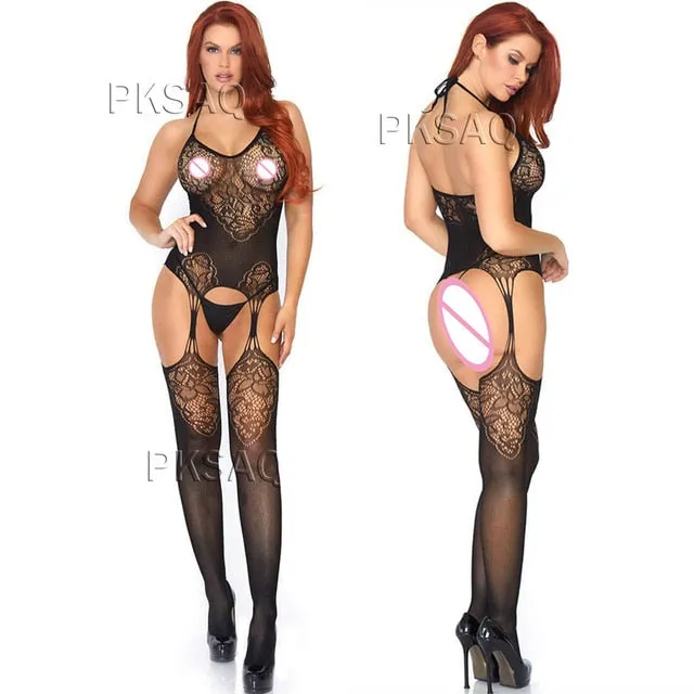 Sexy V-Neck Costumes catsuit underwear Erotic Open Crotch Bodystocking Teddy Lingerie Crotchless BabyDoll lingerie porno for sex