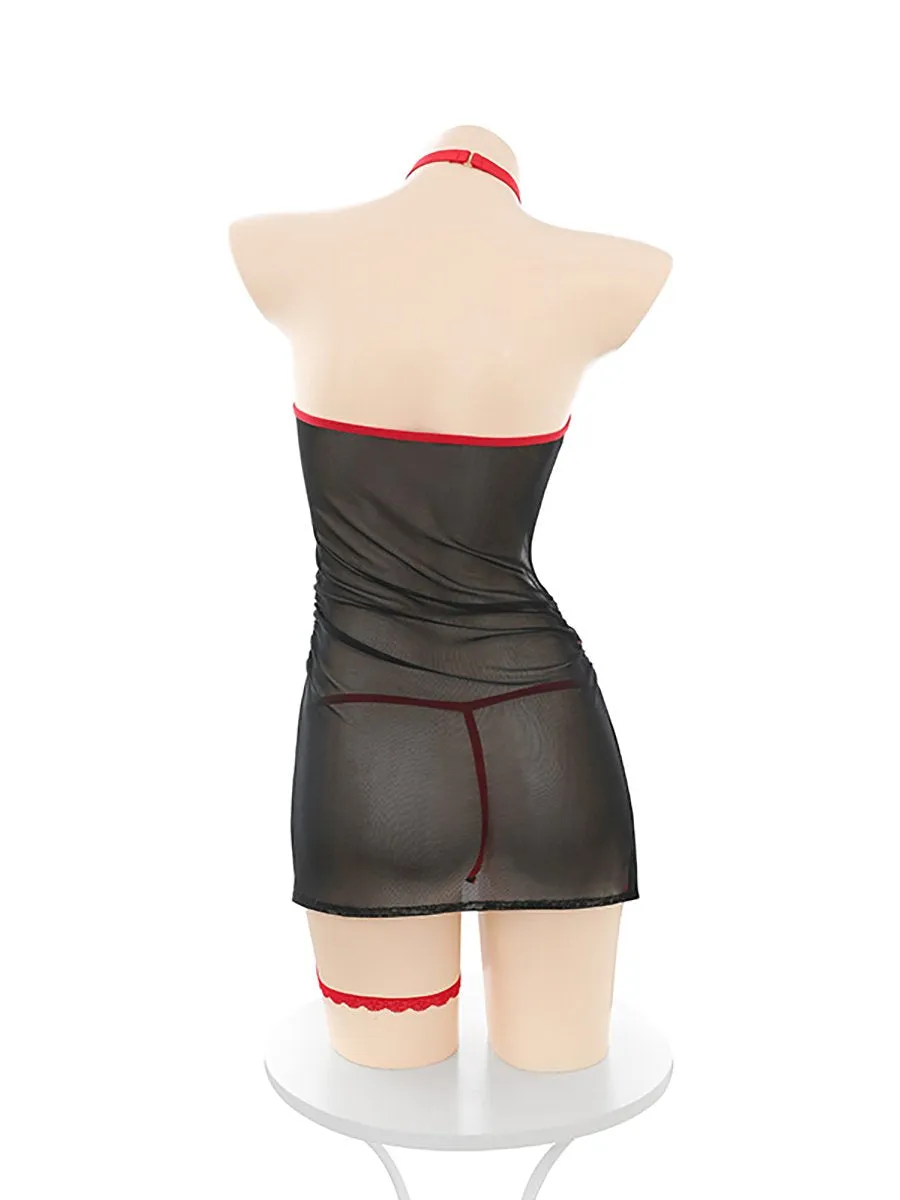 Sheer Mesh Chinese Dress with Apron