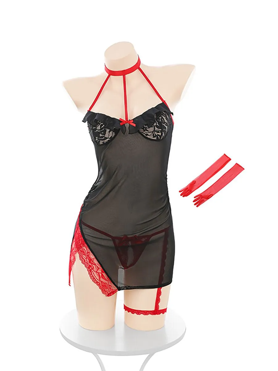 Sheer Mesh Chinese Dress with Apron