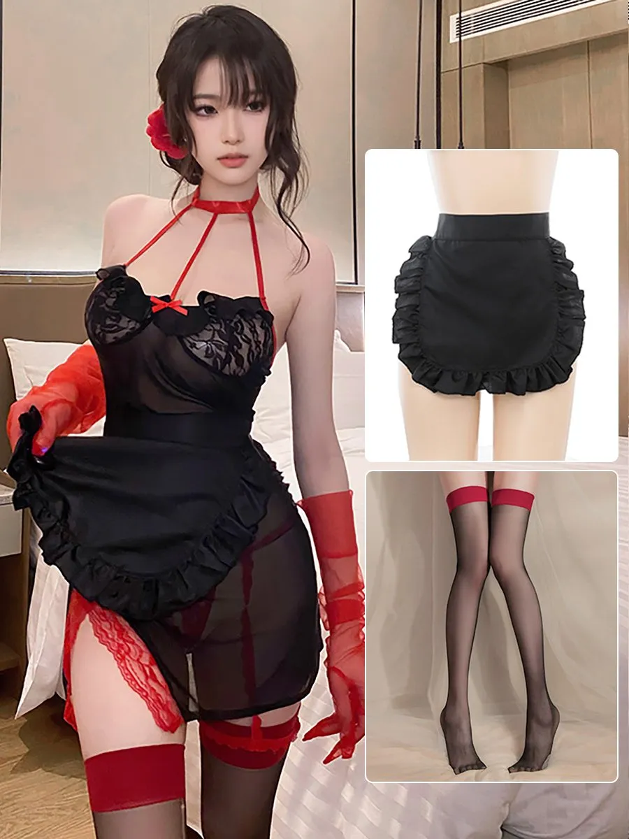 Sheer Mesh Chinese Dress with Apron