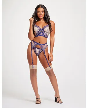 Sheer Stretch Mesh W/floral Contrast Embroidery Bustier. Garter Belt & Thong Blue/nude
