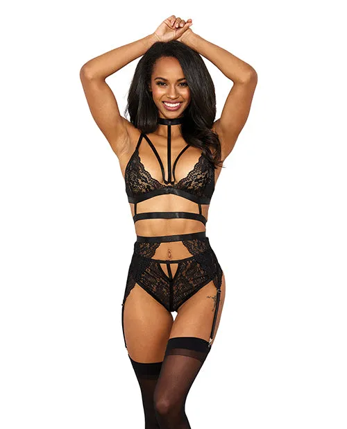 Stretch Lace w/Satin Elastic Bra. Garter Belt & G-String Panty Black XXL