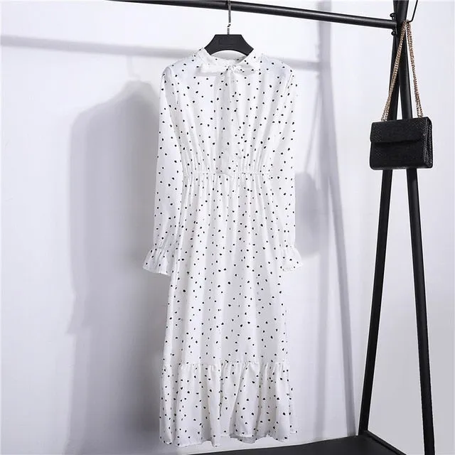 Summer Korean Chiffon Women Dress Elegant Ladies Vintage Long Dress Boho Floral Office Long Sleeve Vestidos Clothing 5LYQ003