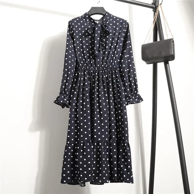 Summer Korean Chiffon Women Dress Elegant Ladies Vintage Long Dress Boho Floral Office Long Sleeve Vestidos Clothing 5LYQ003