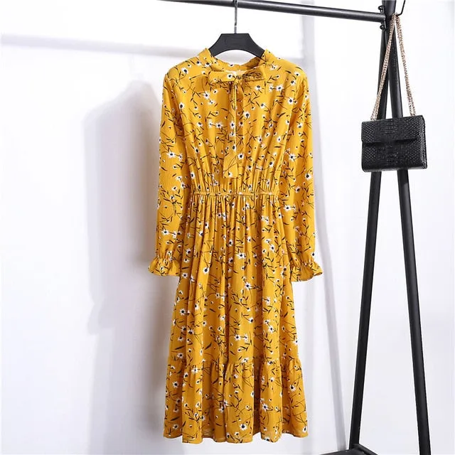 Summer Korean Chiffon Women Dress Elegant Ladies Vintage Long Dress Boho Floral Office Long Sleeve Vestidos Clothing 5LYQ003