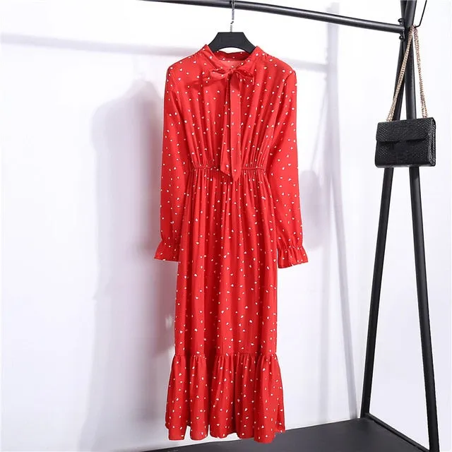 Summer Korean Chiffon Women Dress Elegant Ladies Vintage Long Dress Boho Floral Office Long Sleeve Vestidos Clothing 5LYQ003