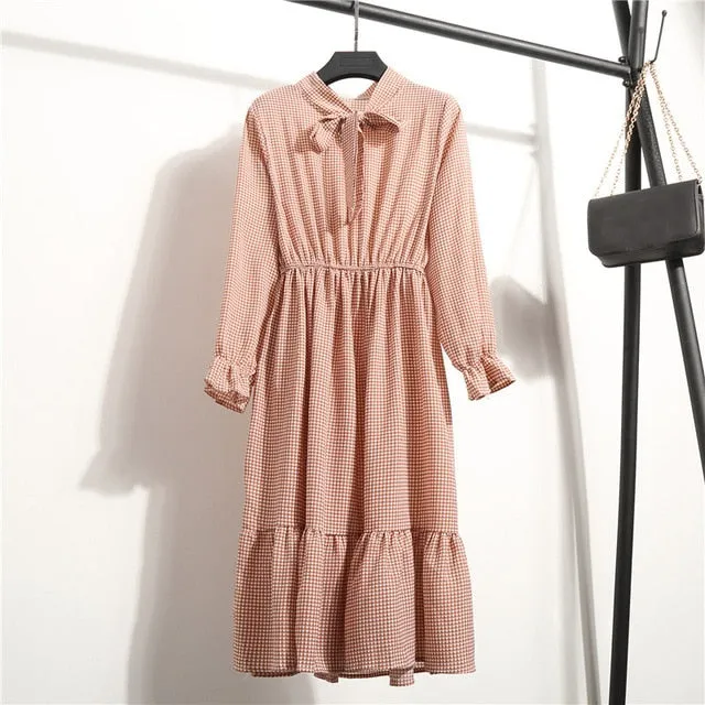 Summer Korean Chiffon Women Dress Elegant Ladies Vintage Long Dress Boho Floral Office Long Sleeve Vestidos Clothing 5LYQ003