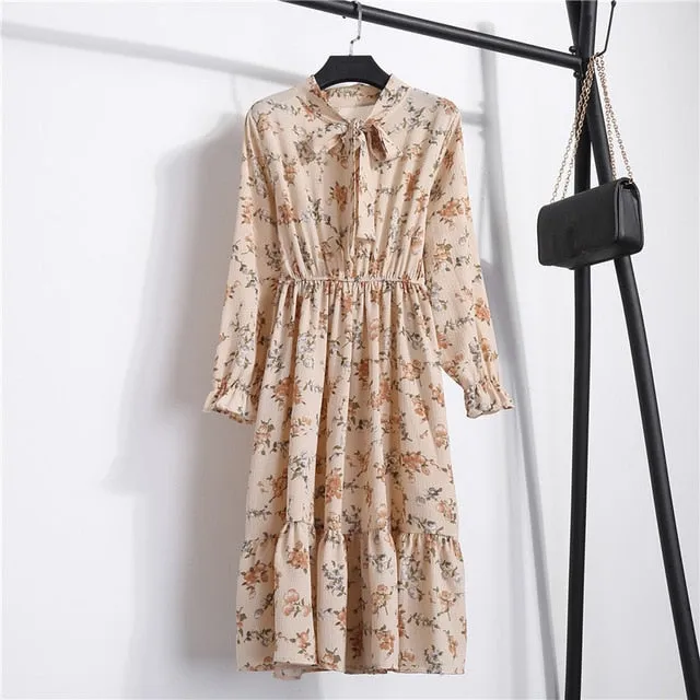 Summer Korean Chiffon Women Dress Elegant Ladies Vintage Long Dress Boho Floral Office Long Sleeve Vestidos Clothing 5LYQ003