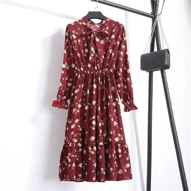 Summer Korean Chiffon Women Dress Elegant Ladies Vintage Long Dress Boho Floral Office Long Sleeve Vestidos Clothing 5LYQ003