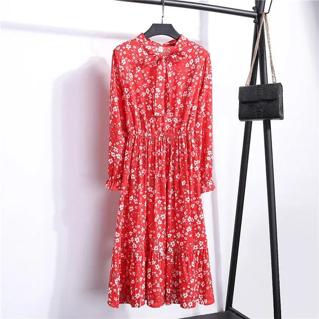 Summer Korean Chiffon Women Dress Elegant Ladies Vintage Long Dress Boho Floral Office Long Sleeve Vestidos Clothing 5LYQ003