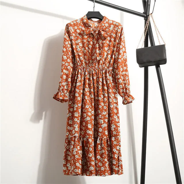 Summer Korean Chiffon Women Dress Elegant Ladies Vintage Long Dress Boho Floral Office Long Sleeve Vestidos Clothing 5LYQ003