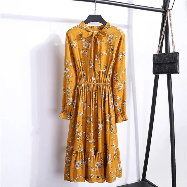 Summer Korean Chiffon Women Dress Elegant Ladies Vintage Long Dress Boho Floral Office Long Sleeve Vestidos Clothing 5LYQ003