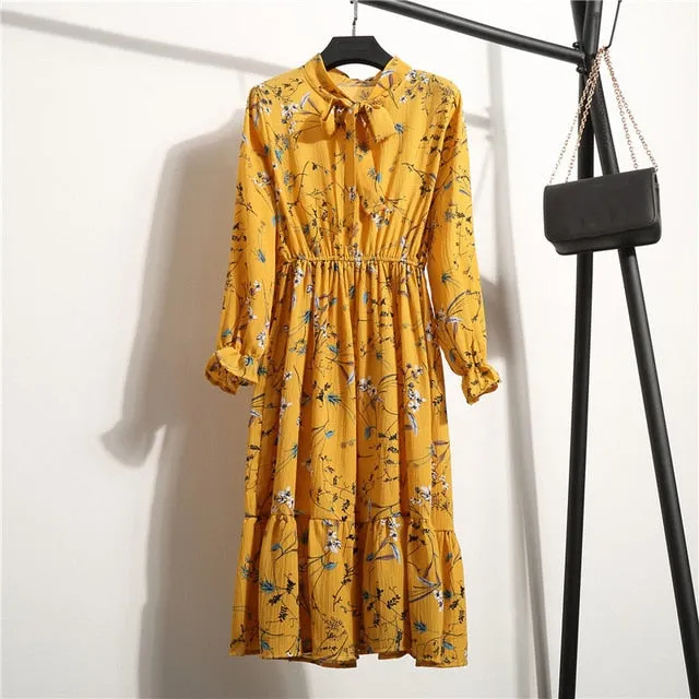 Summer Korean Chiffon Women Dress Elegant Ladies Vintage Long Dress Boho Floral Office Long Sleeve Vestidos Clothing 5LYQ003
