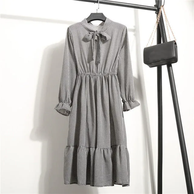 Summer Korean Chiffon Women Dress Elegant Ladies Vintage Long Dress Boho Floral Office Long Sleeve Vestidos Clothing 5LYQ003