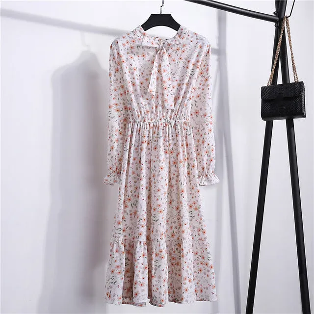 Summer Korean Chiffon Women Dress Elegant Ladies Vintage Long Dress Boho Floral Office Long Sleeve Vestidos Clothing 5LYQ003