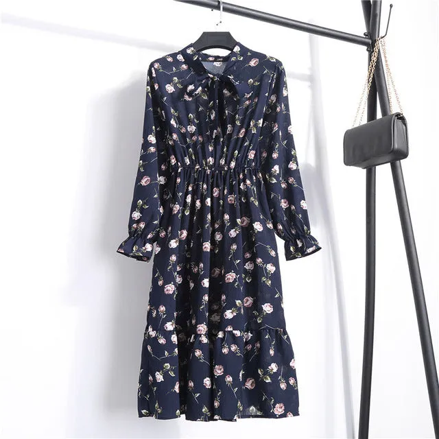 Summer Korean Chiffon Women Dress Elegant Ladies Vintage Long Dress Boho Floral Office Long Sleeve Vestidos Clothing 5LYQ003