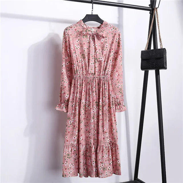 Summer Korean Chiffon Women Dress Elegant Ladies Vintage Long Dress Boho Floral Office Long Sleeve Vestidos Clothing 5LYQ003