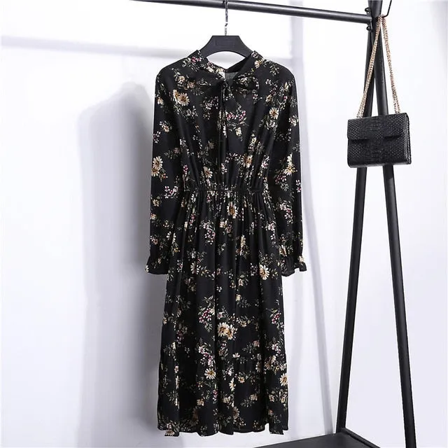 Summer Korean Chiffon Women Dress Elegant Ladies Vintage Long Dress Boho Floral Office Long Sleeve Vestidos Clothing 5LYQ003