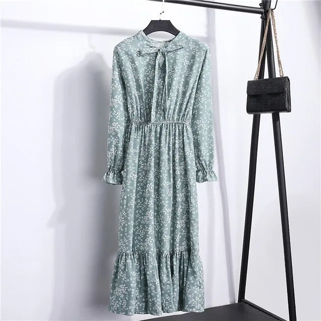Summer Korean Chiffon Women Dress Elegant Ladies Vintage Long Dress Boho Floral Office Long Sleeve Vestidos Clothing 5LYQ003