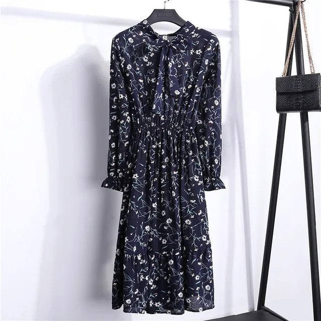 Summer Korean Chiffon Women Dress Elegant Ladies Vintage Long Dress Boho Floral Office Long Sleeve Vestidos Clothing 5LYQ003