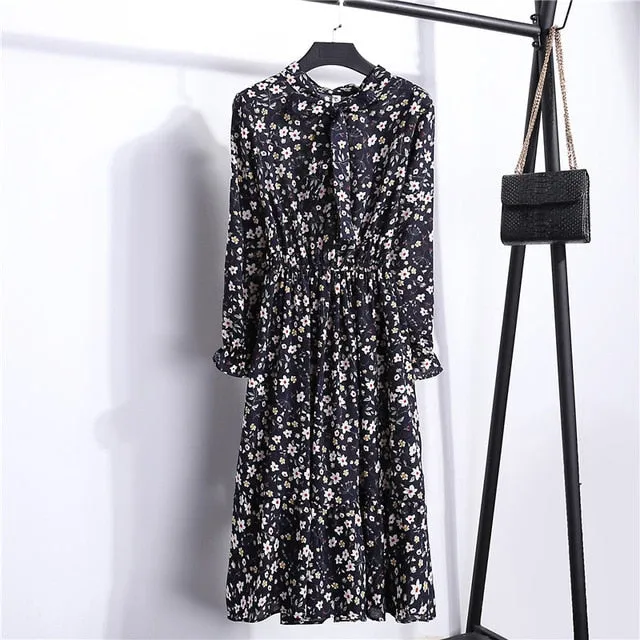 Summer Korean Chiffon Women Dress Elegant Ladies Vintage Long Dress Boho Floral Office Long Sleeve Vestidos Clothing 5LYQ003