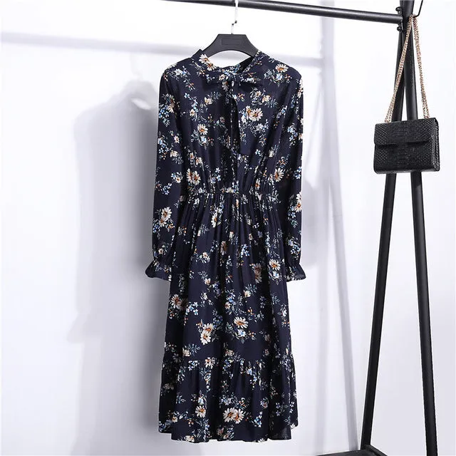Summer Korean Chiffon Women Dress Elegant Ladies Vintage Long Dress Boho Floral Office Long Sleeve Vestidos Clothing 5LYQ003